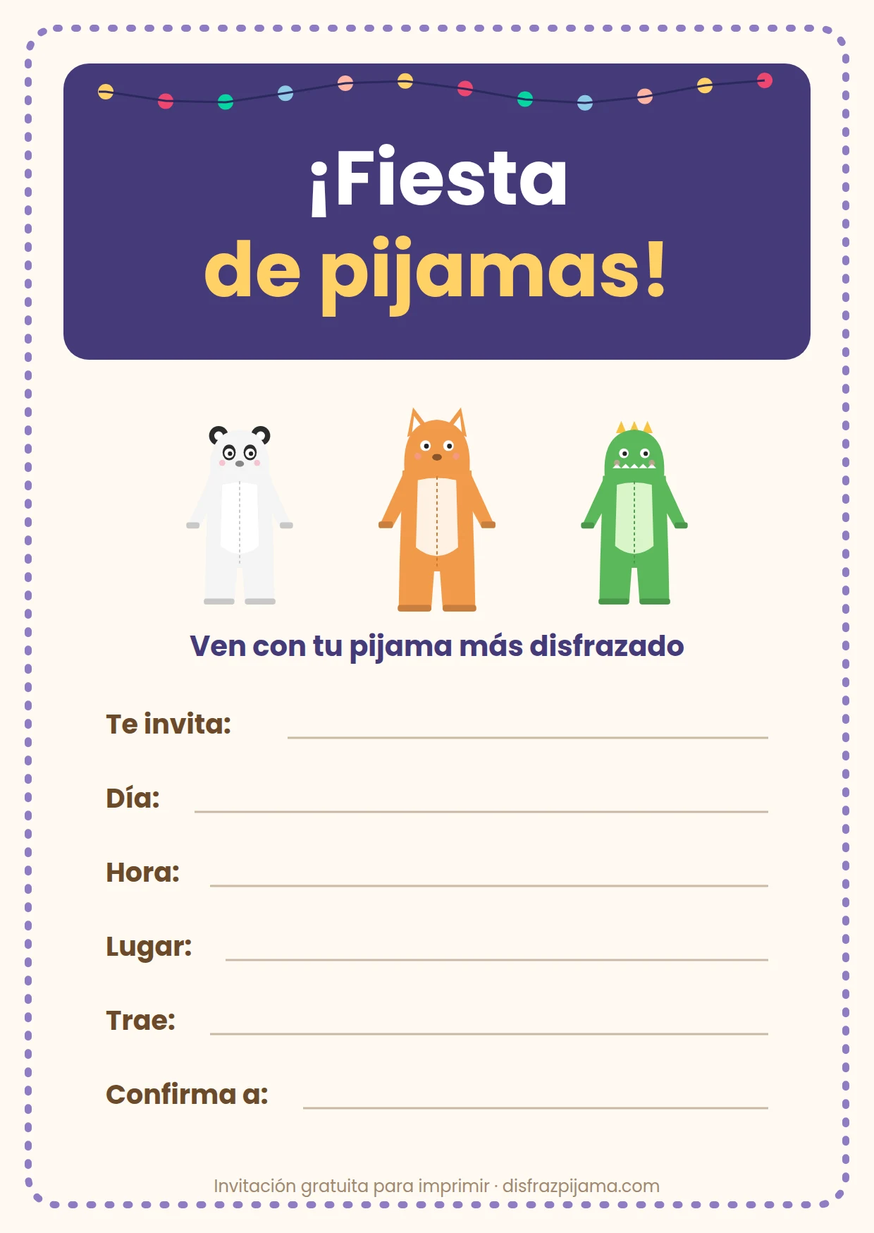 Invitación para imprimir: ¡Fiesta de pijamas! Ven con tu pijama más disfrazado