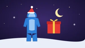 Ilustración de un pijama mono azul con gorro de Papá Noel junto a un regalo de Navidad