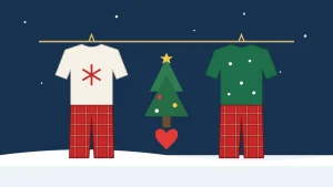 Ilustración de dos pijamas navideños a juego colgados junto a un árbol de Navidad